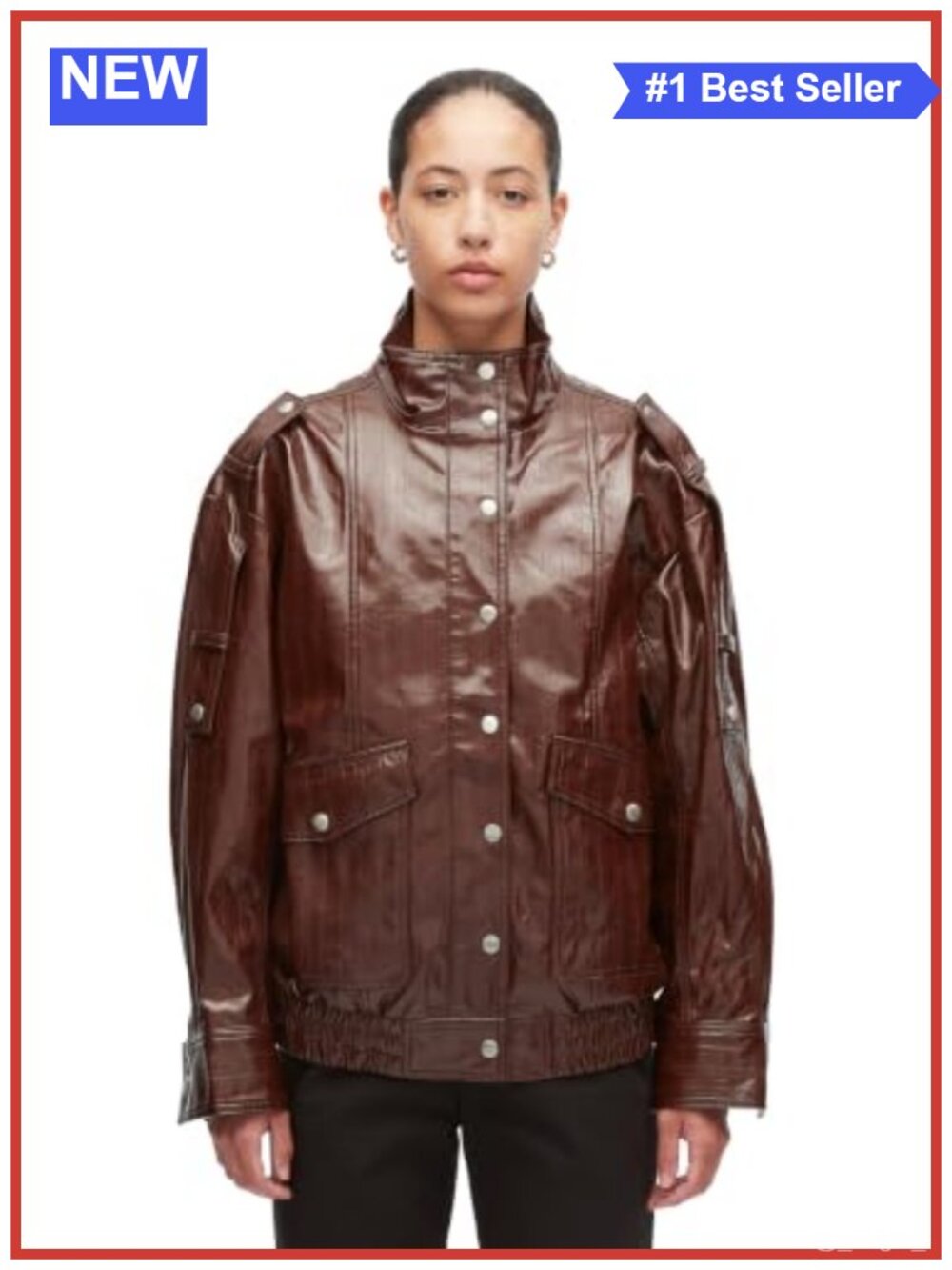 Faux Textured Leather Funnel-Neck Bomber Jacket Relaxed Fit Fall